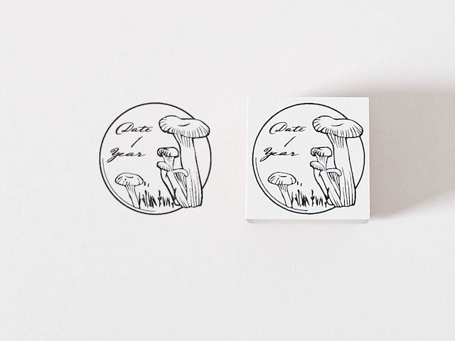 Ponchise Wooden Rubber Stamp Round Date Label - Mushroom