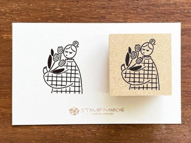 Stamp Marche Girl Rubber Stamp - Holding Flowers