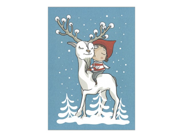 Christmas Postcard - Reindeer And Kid